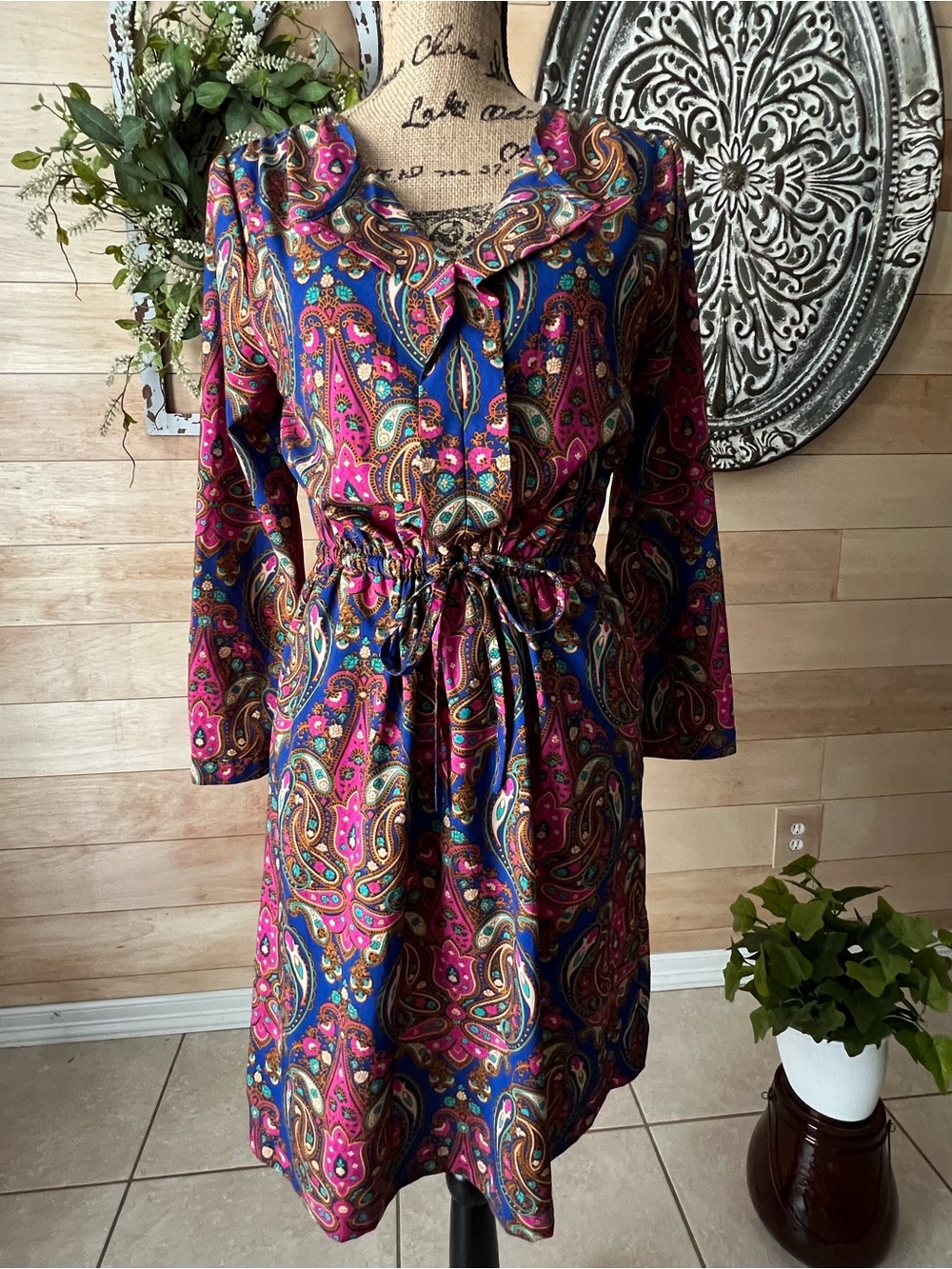 Merona Paisley Drawstring-Waist Long Sleeve Dress in Pink & Royal Blue Size Smal